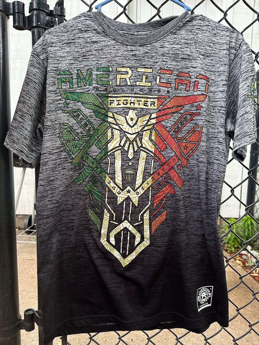 American Fighter Gray Ombre Short Sleeve Tee with Green, Yellow & Red Graphic